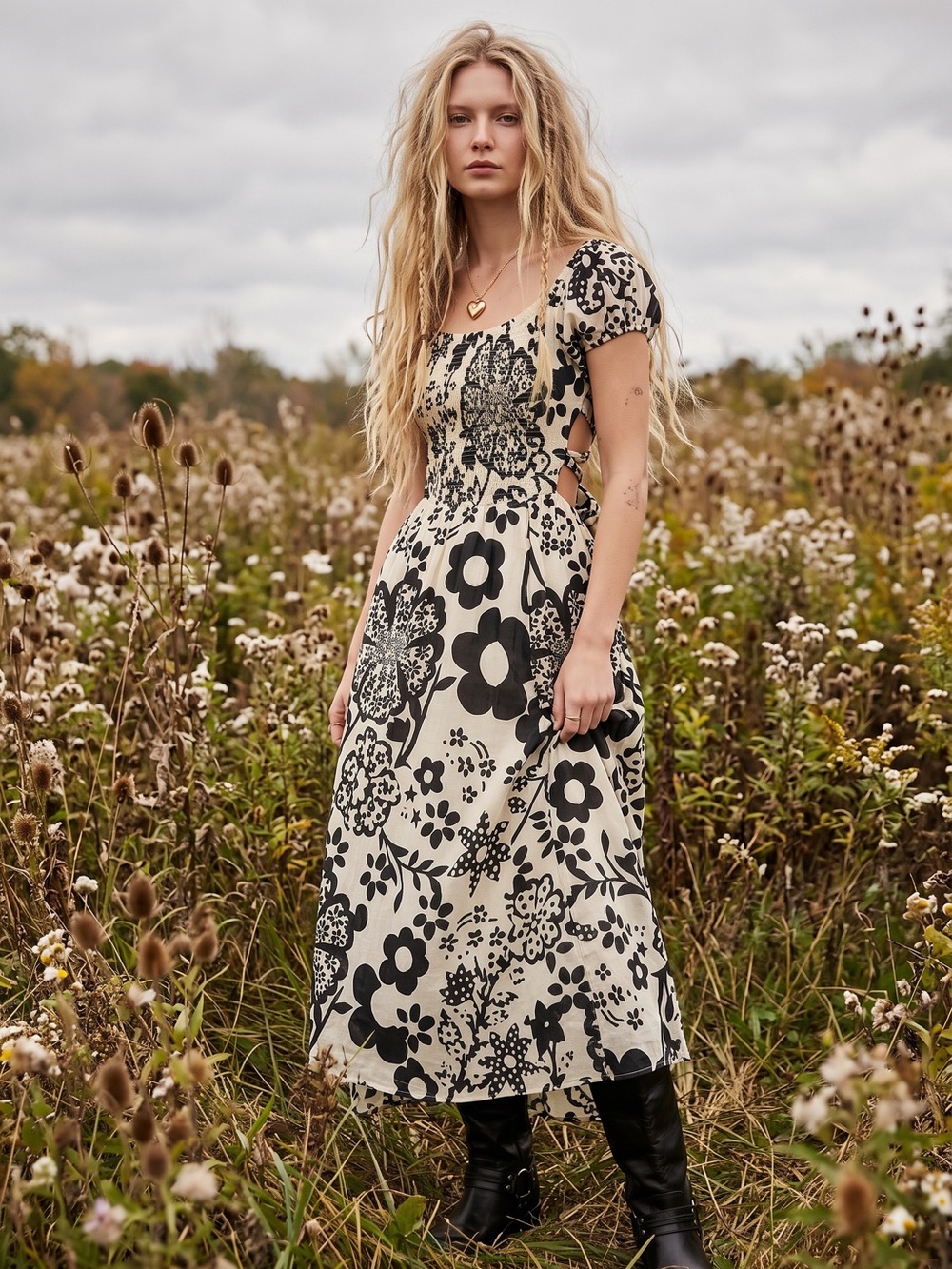 Free People Bohemian Ultraviolet Midi Maxi Dress Black White Floral Size XS